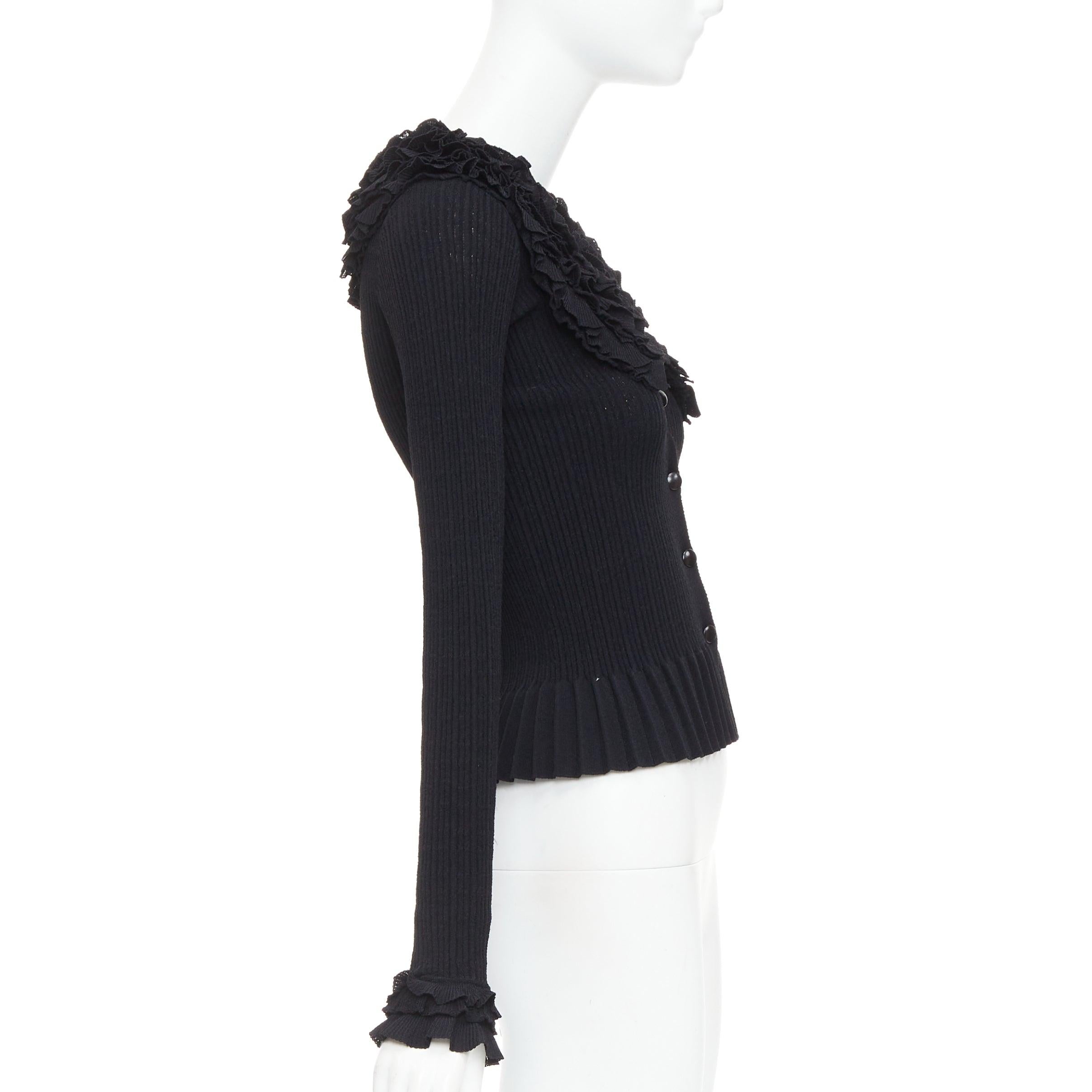Women's LOUIS VUITTON black ruffle collar cuffs ribbed long sleeves cardigan XS For Sale