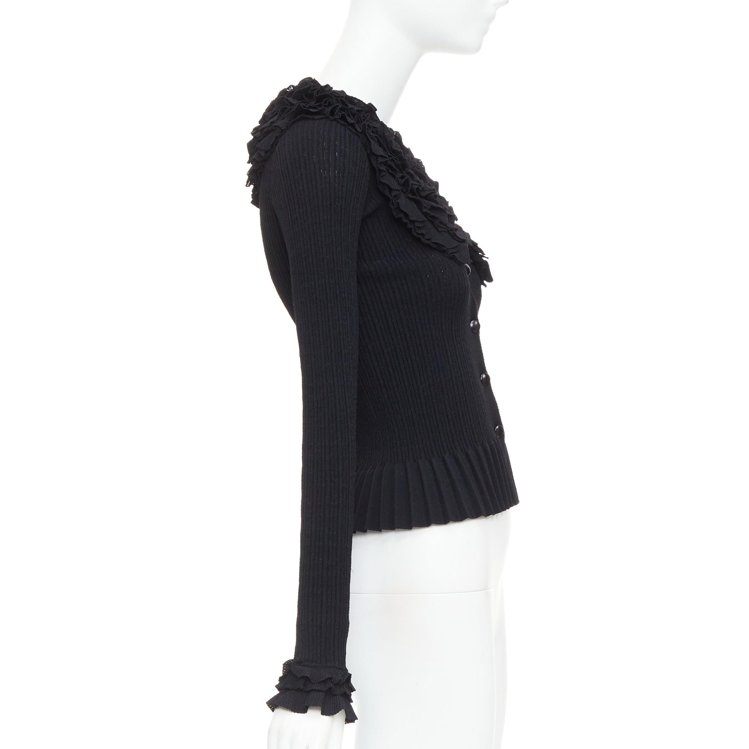 LOUIS VUITTON black ruffle collar cuffs ribbed long sleeves cardigan XS For Sale 1