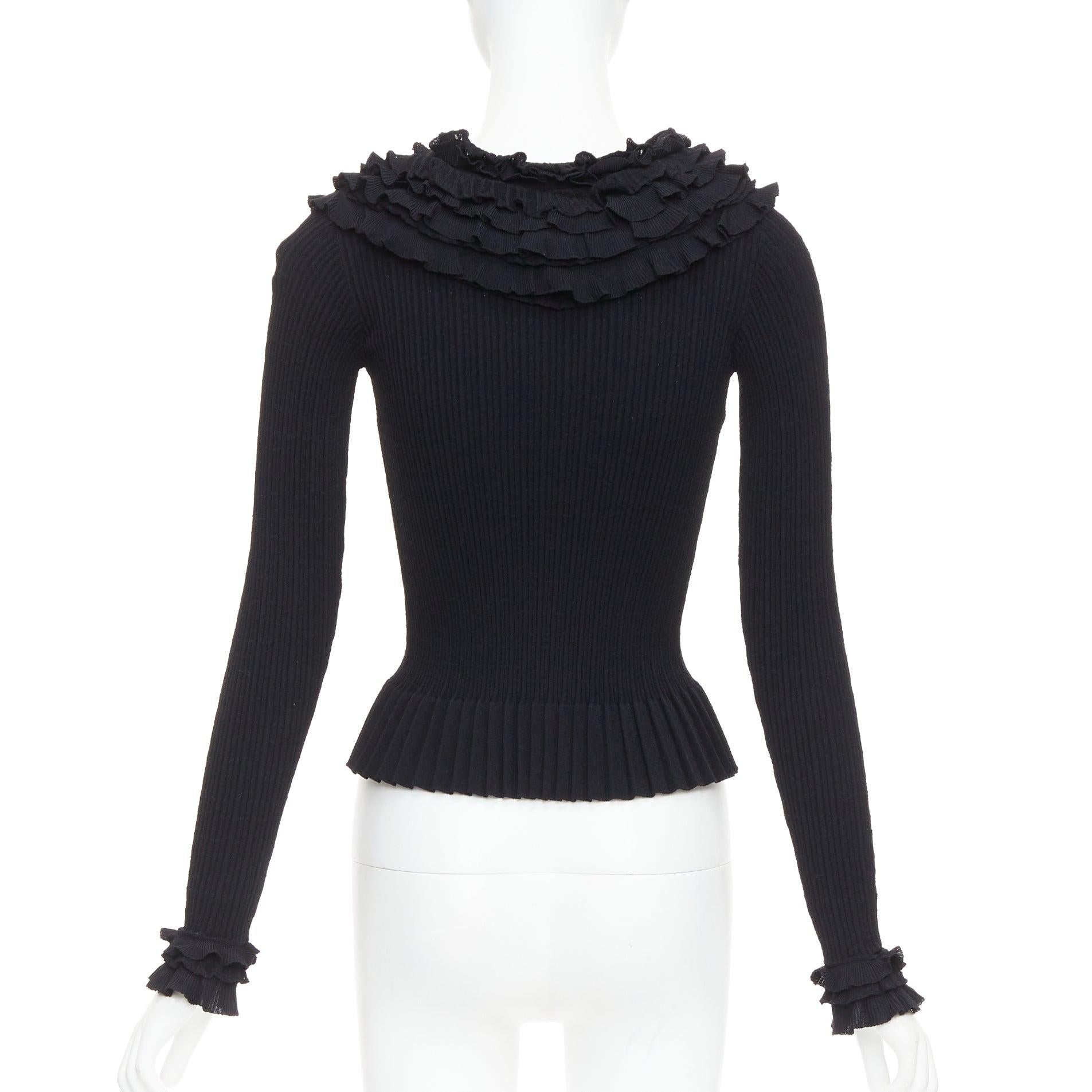 LOUIS VUITTON black ruffle collar cuffs ribbed long sleeves cardigan XS For Sale 2