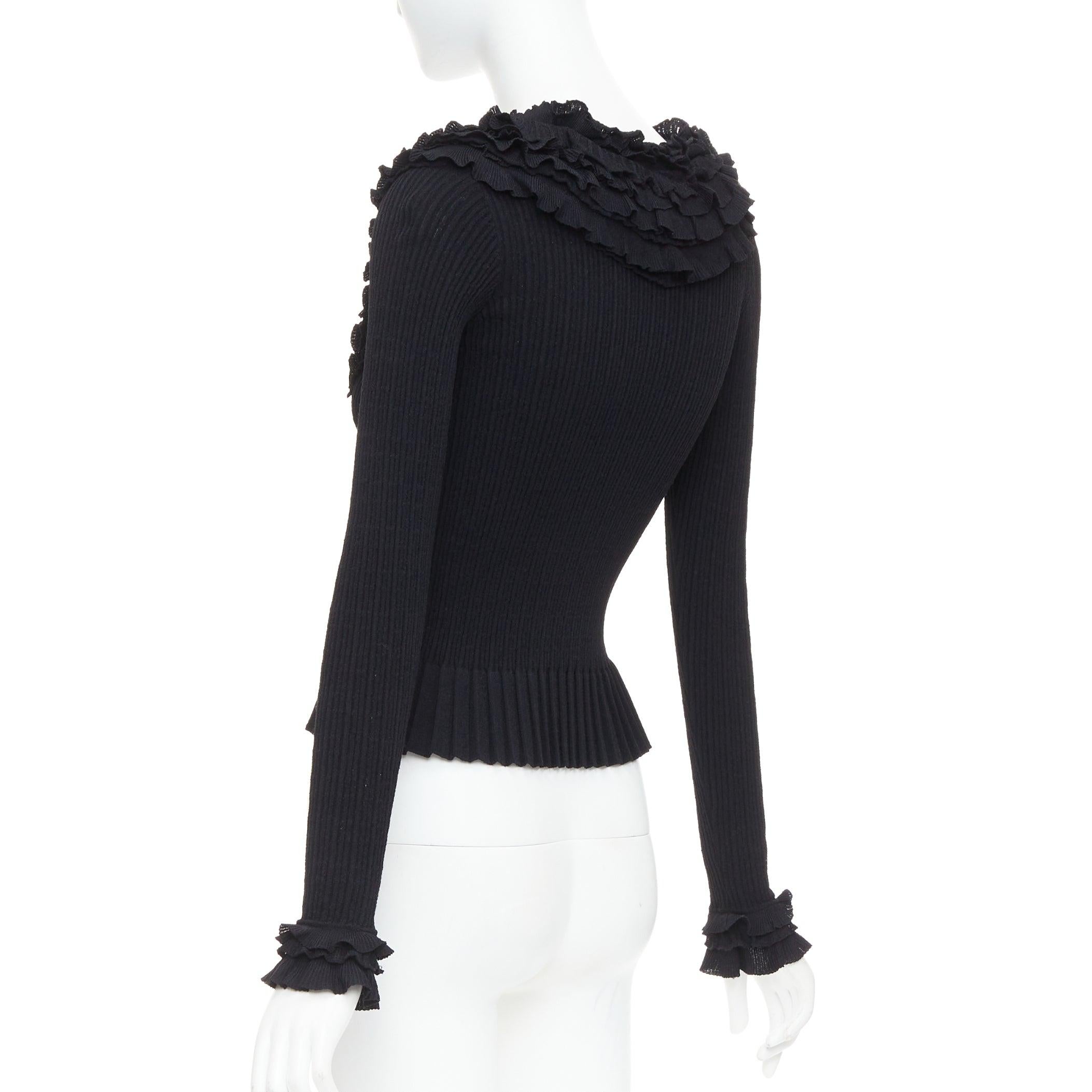 LOUIS VUITTON black ruffle collar cuffs ribbed long sleeves cardigan XS For Sale 3