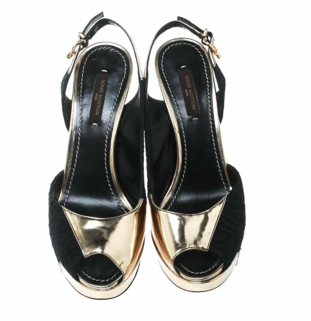 Louis Vuitton Black Satin And Metallic Gold Leather Peep Toe Sandals Size 36 In Good Condition In Dubai, Al Qouz 2