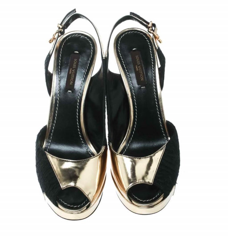 Louis Vuitton Black Satin And Metallic Gold Leather Peep Toe Sandals ...