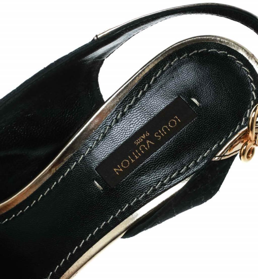 Louis Vuitton Black Satin And Metallic Gold Leather Peep Toe Sandals Size 36 1