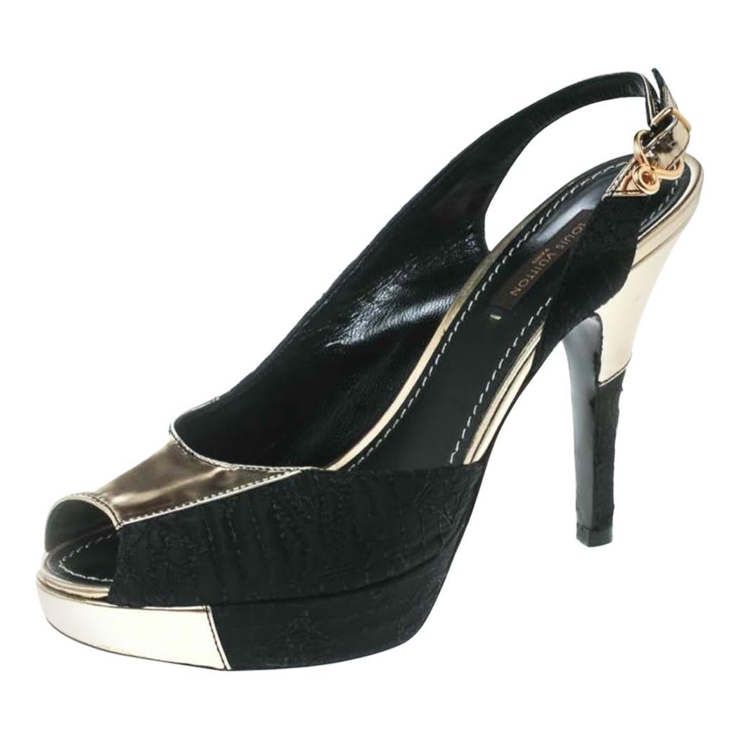 Louis Vuitton Black Satin And Metallic Gold Leather Peep Toe Sandals Size 36