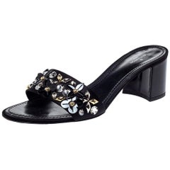 Louis Vuitton Black Satin Applique Embellished Block Heel Sandals Size 39.5