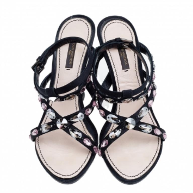 Louis Vuitton Black Satin Crystal Embellished Ankle Strap Sandals Size 39 1