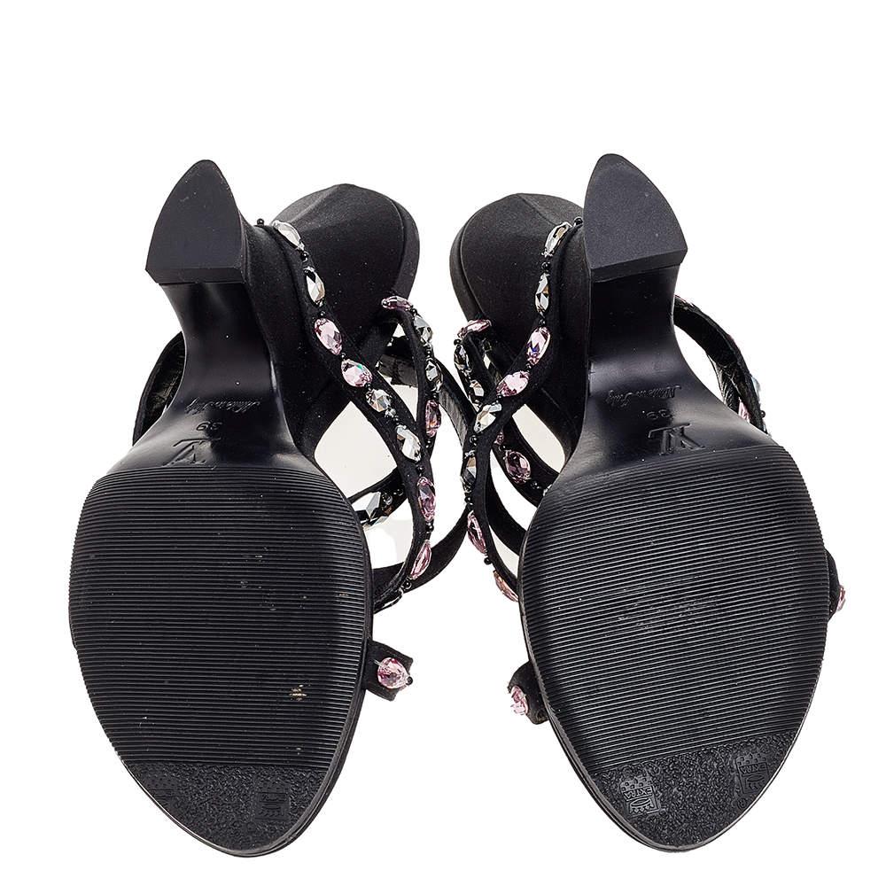 Louis Vuitton Black Satin Crystal Embellished Ankle Strap Sandals Size 39 For Sale 3