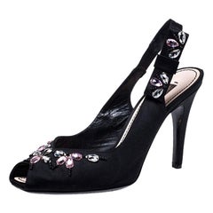 Louis Vuitton Black Satin Crystal Embellished Peep Toe Slingback Sandals Size 36