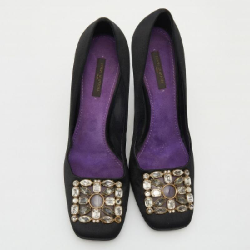 Women's Louis Vuitton Black Satin Crystal Embellished Square Toe Pumps Size 39.5 For Sale