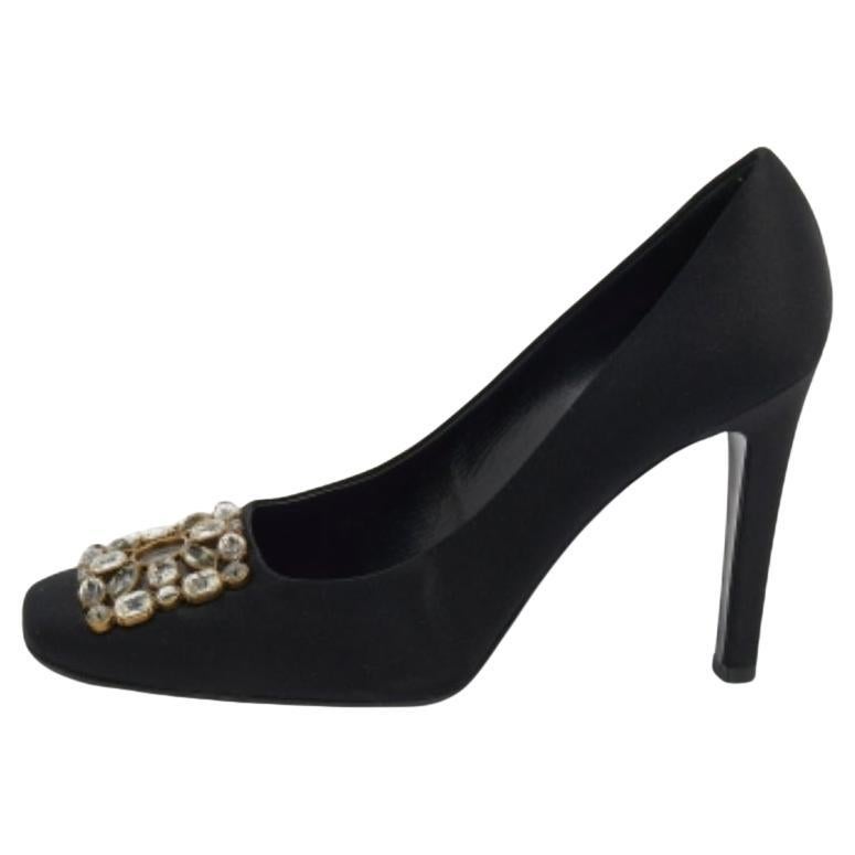 Louis Vuitton Black Satin Crystal Embellished Square Toe Pumps Size 39.5 For Sale