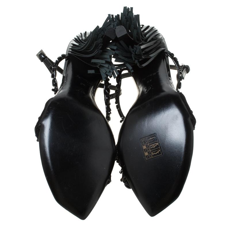 Women's Louis Vuitton Black Satin Embellished Fringe Ankle Strap Sandals Size 40