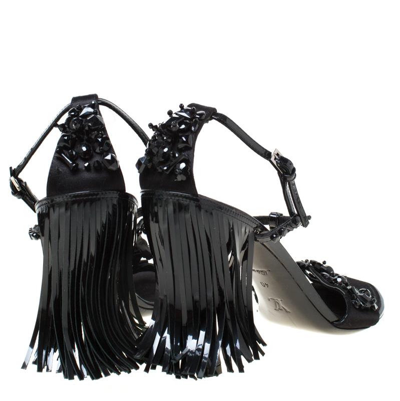 Louis Vuitton Black Satin Embellished Fringe Ankle Strap Sandals Size 40 1