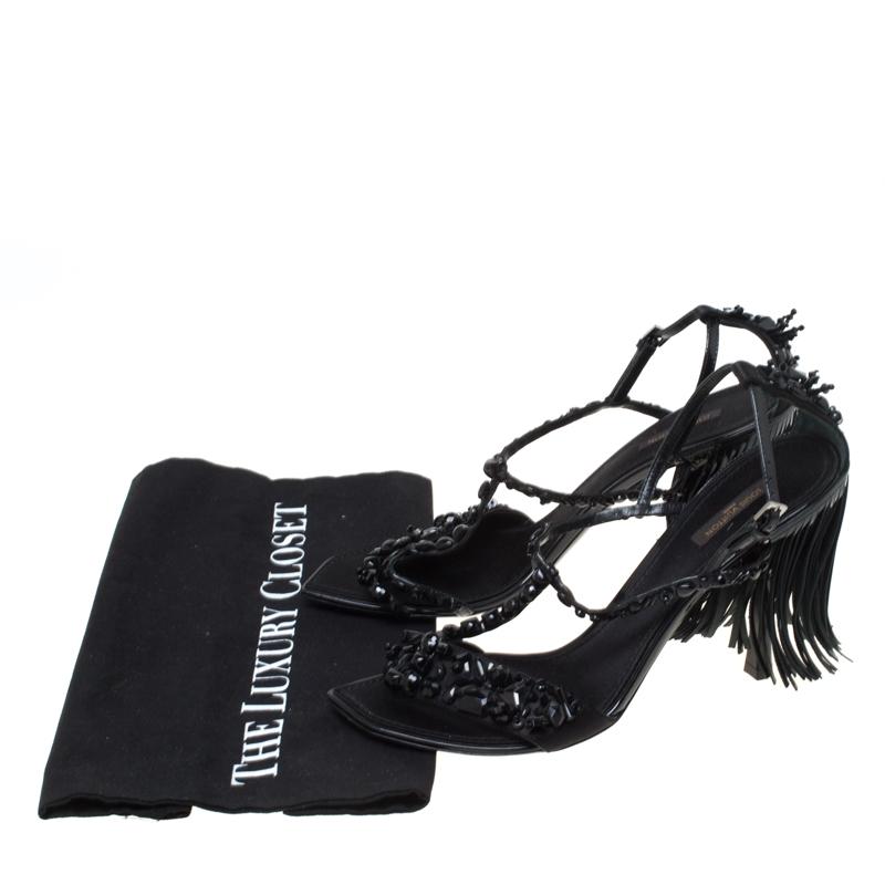 Louis Vuitton Black Satin Embellished Fringe Ankle Strap Sandals Size 40 4