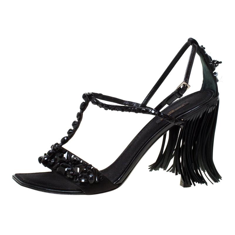 Louis Vuitton Black Satin Embellished Fringe Ankle Strap Sandals Size 40