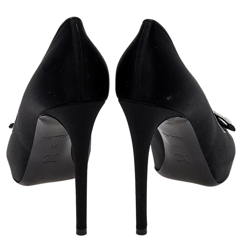 Louis Vuitton Black Satin Embellished Peep Toe Pumps Size 39 For Sale 2