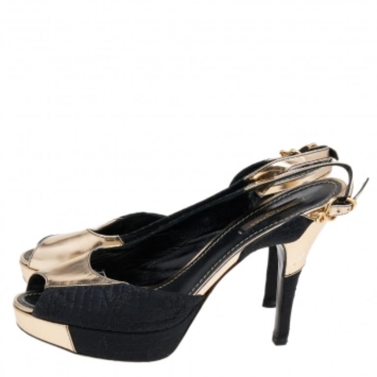 Elevate your party footwear collection with this pair of slingbacks from Louis Vuitton. They are made from satin and leather and come with 11 cm heels. They flaunt a stunning black and gold color combination.