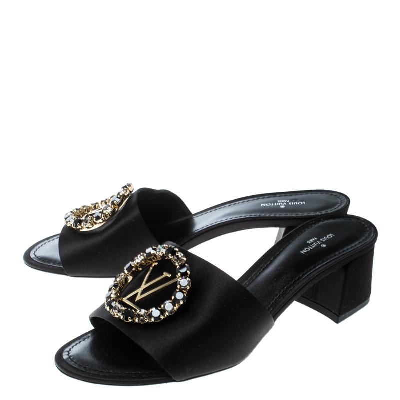 Women's Louis Vuitton Black Satin Madeleine Slide Mule Sandals Size 37.5