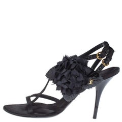Louis Vuitton Black Satin & Patent Leather Flower Embellished Ankle Strap Sandal