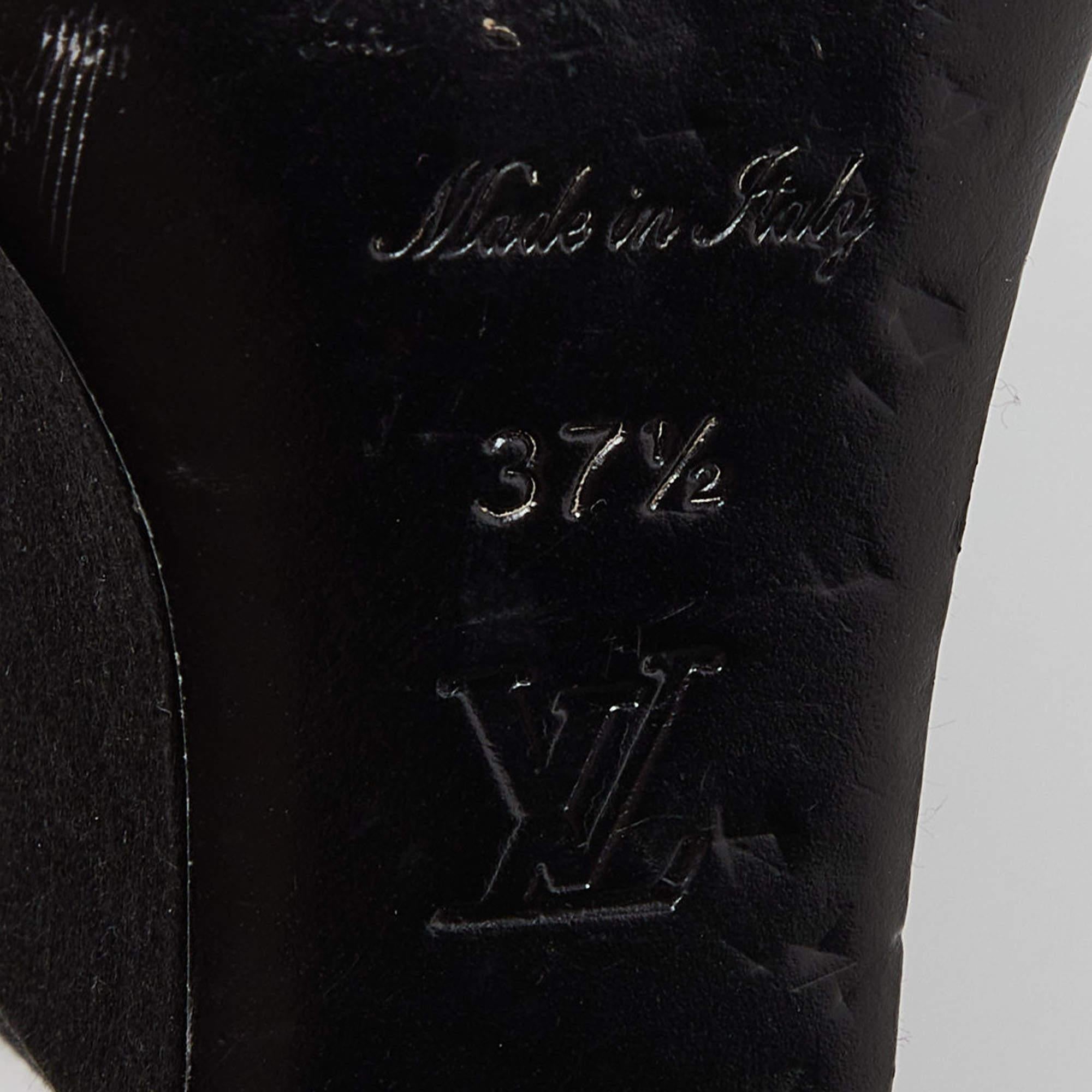 Women's Louis Vuitton Black Satin Peep Toe Platform Wedge Pumps Size 37.5 For Sale