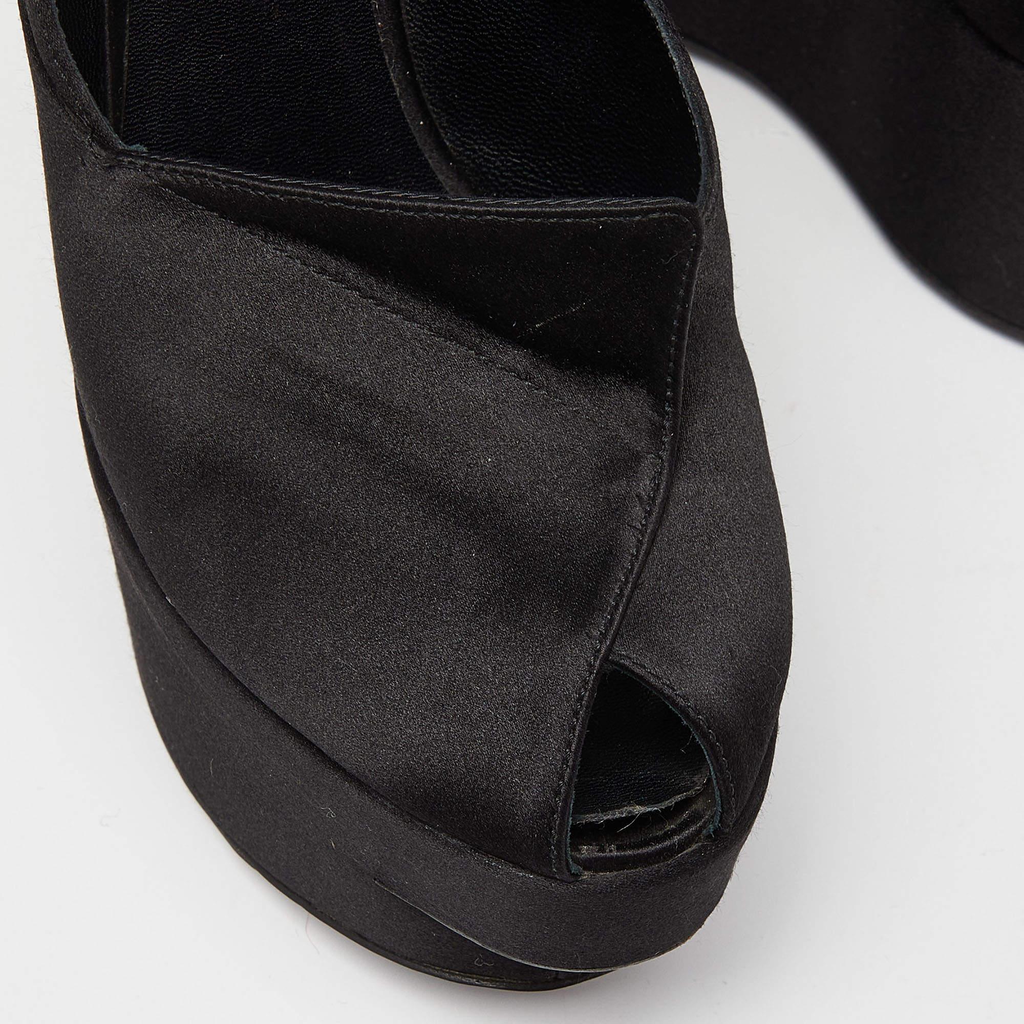 Louis Vuitton Black Satin Peep Toe Platform Wedge Pumps Size 37.5 For Sale 1