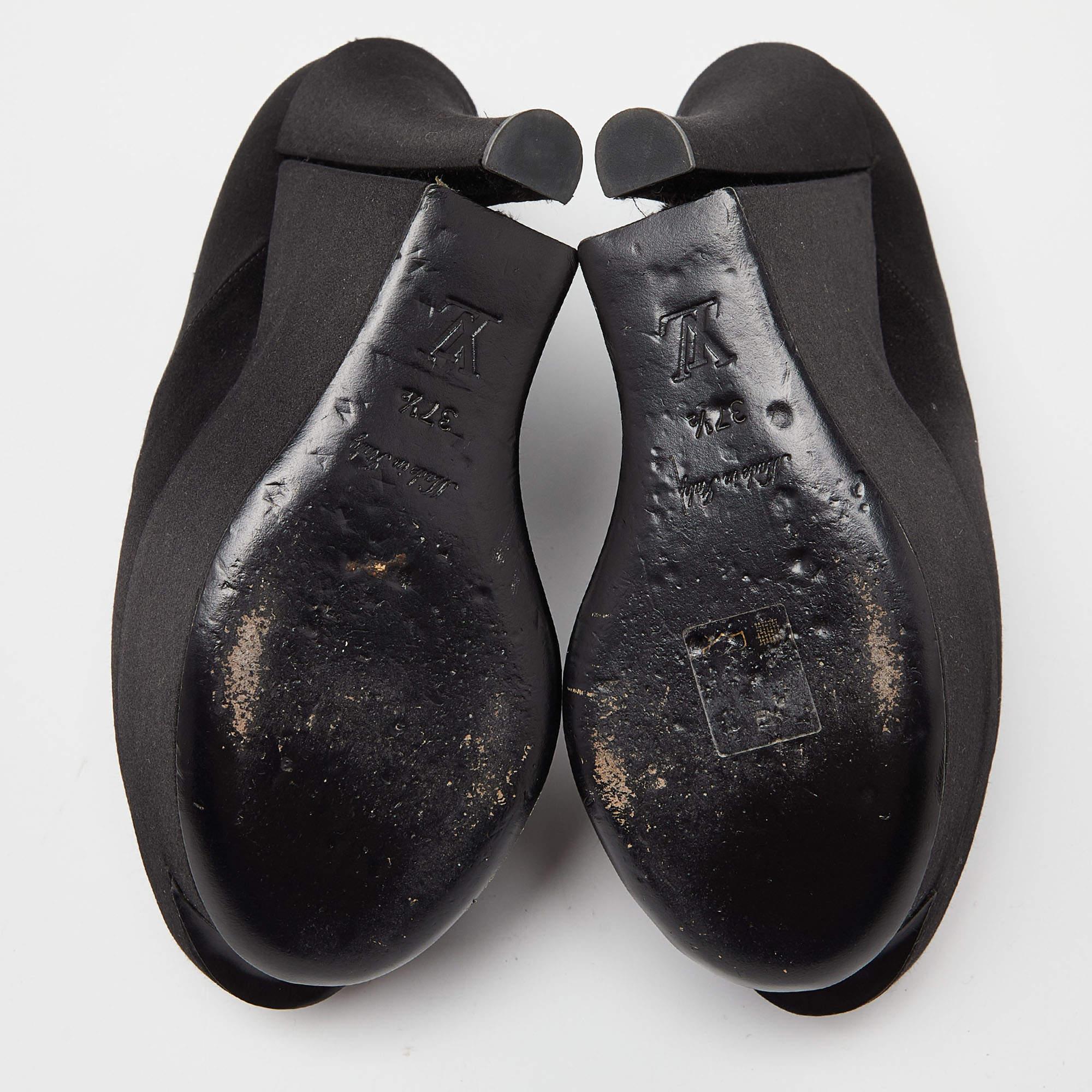 Louis Vuitton Black Satin Peep Toe Platform Wedge Pumps Size 37.5 For Sale 2