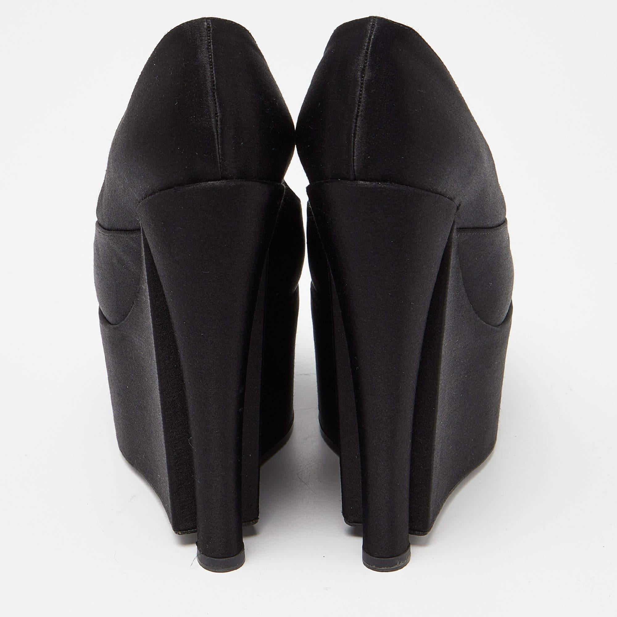 Louis Vuitton Black Satin Peep Toe Platform Wedge Pumps Size 37.5 For Sale 3
