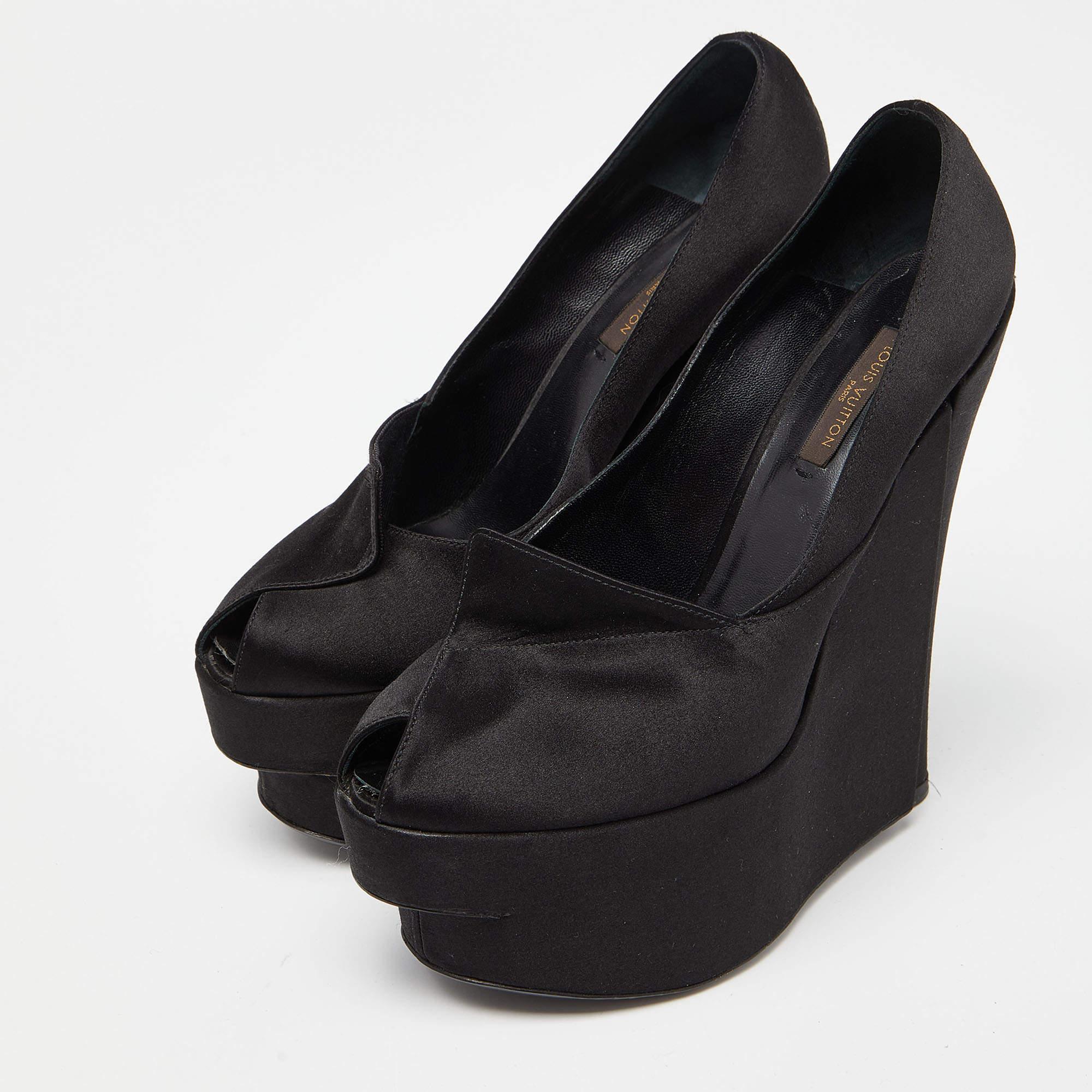 Louis Vuitton Black Satin Peep Toe Platform Wedge Pumps Size 37.5 For Sale 4