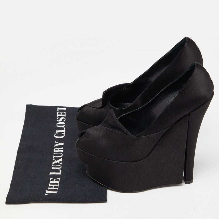 Louis Vuitton Black Satin Peep Toe Platform Wedge Pumps Size