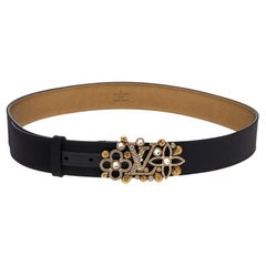 Louis Vuitton Black Satin Rhinestone Fleurs Runway Belt 85 CM