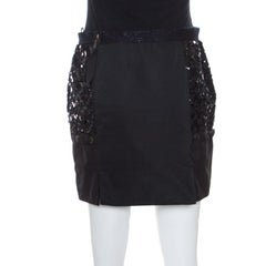 Louis Vuitton Black Sequin Grid Embellished Eyelet Lace Paneled Mini Skirt S