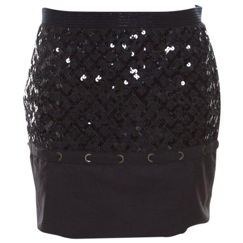 Louis Vuitton Black Sequin Grid Embellished Eyelet Lace Paneled Mini Skirt S