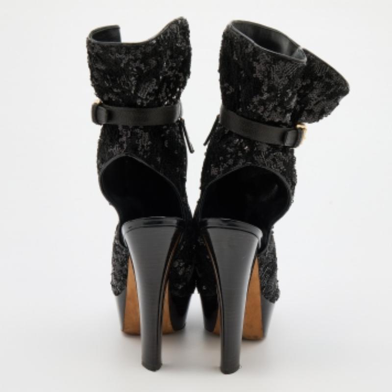 Noir Louis Vuitton Black Sequins and Leather Mid Calf Platform Boots Size 39.5 en vente