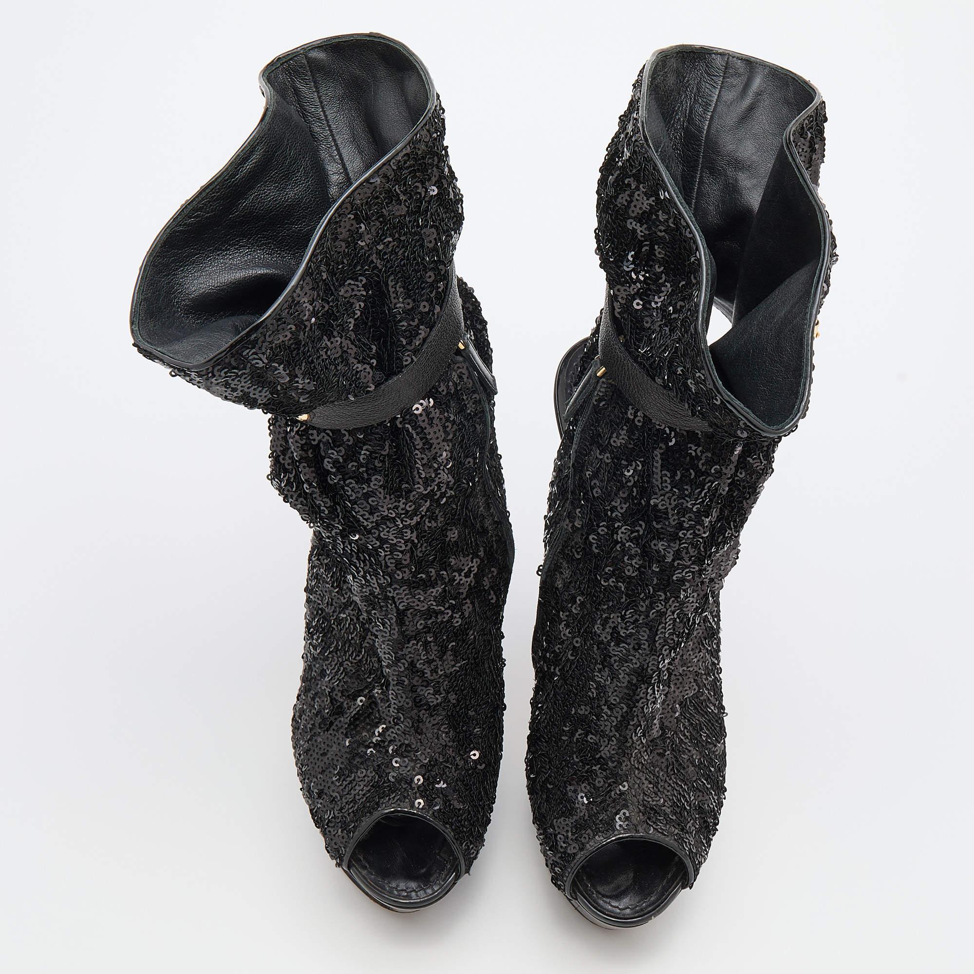 Louis Vuitton Black Sequins and Leather Mid Calf Platform Boots Size 39.5 In Good Condition For Sale In Dubai, Al Qouz 2
