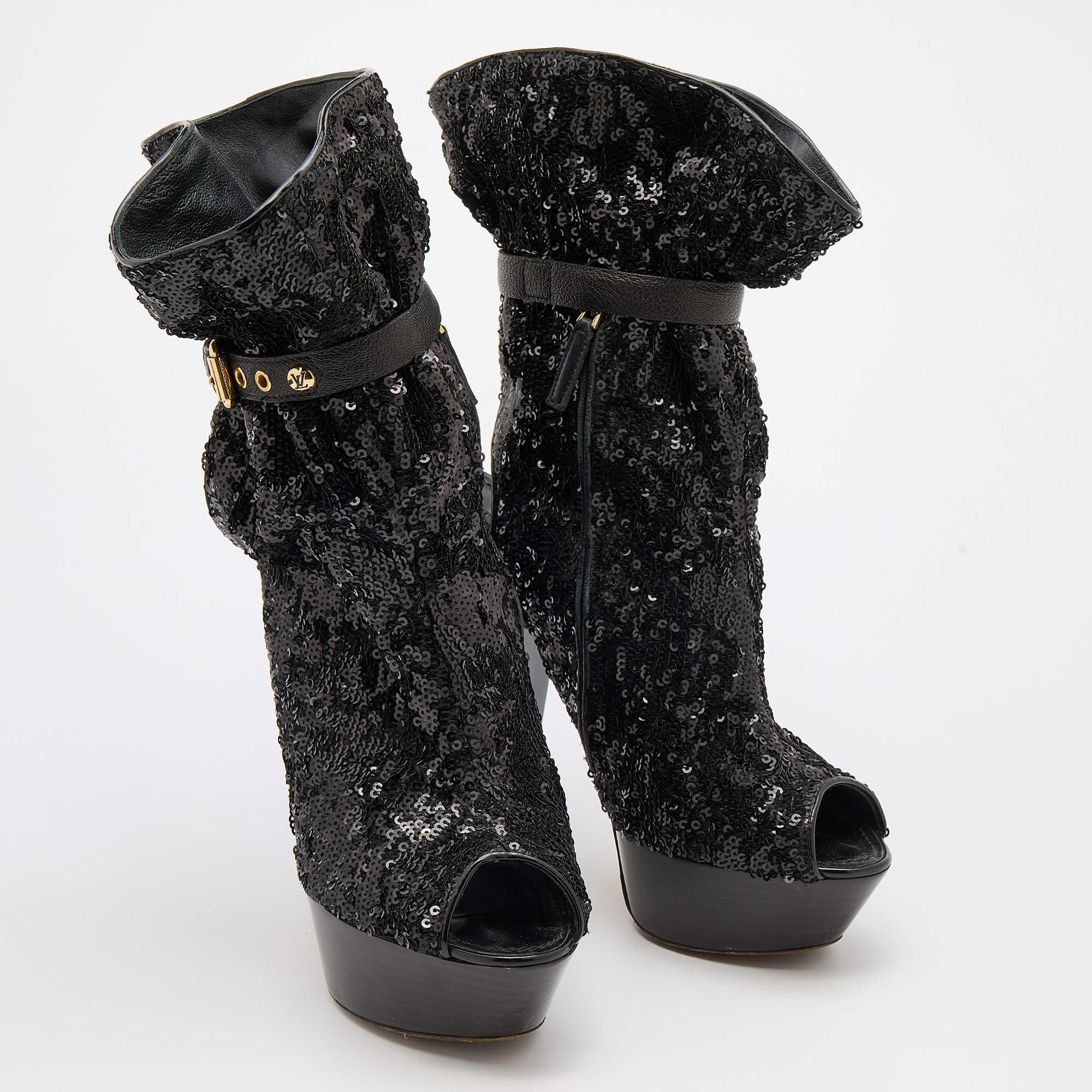 Women's Louis Vuitton Black Sequins and Leather Mid Calf Platform Boots Size 39.5 For Sale