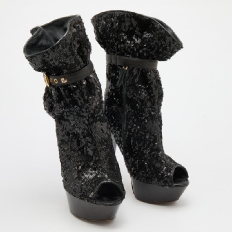 Louis Vuitton Black Sequins and Leather Mid Calf Platform Boots Size 39.5 Pour femmes en vente