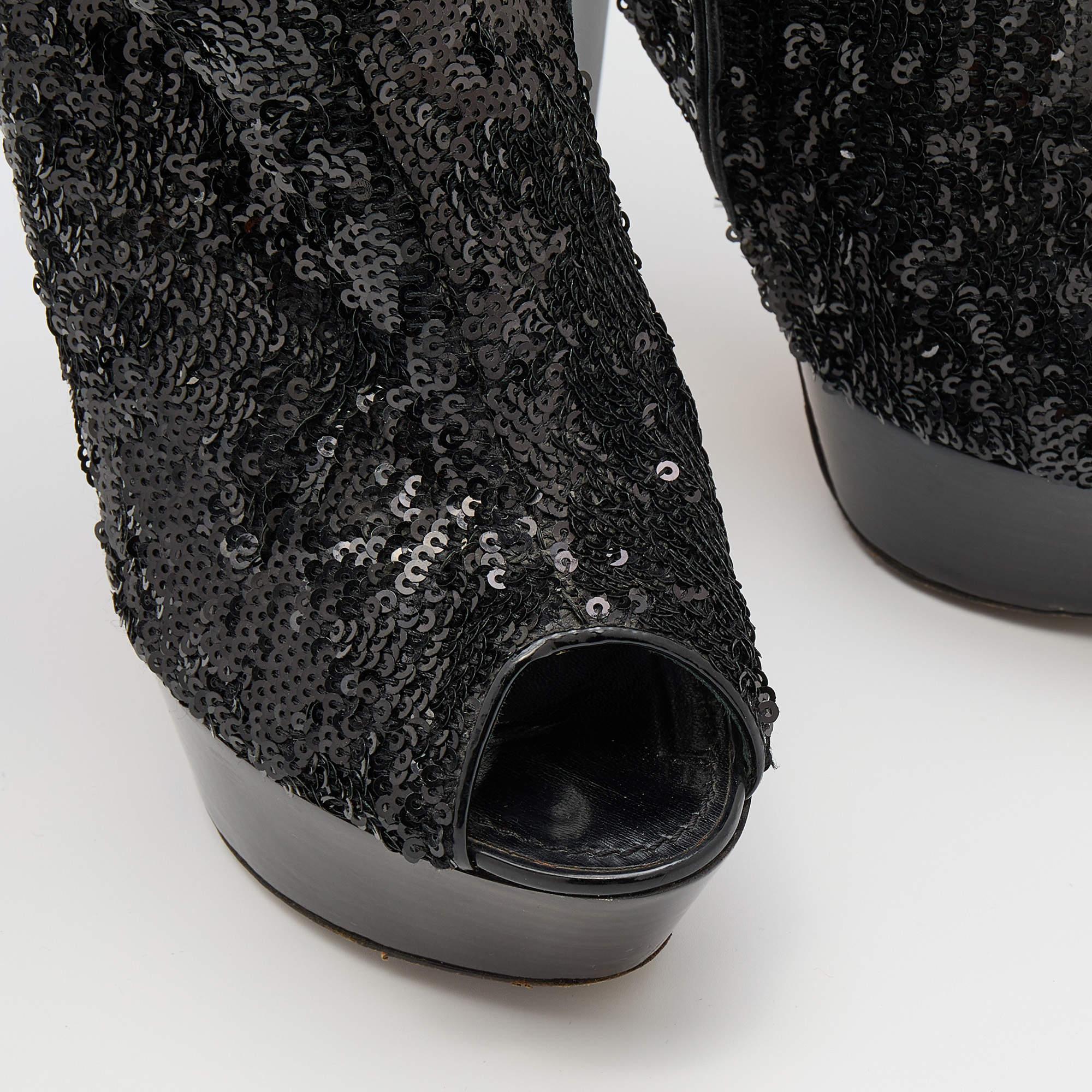 Louis Vuitton Black Sequins and Leather Mid Calf Platform Boots Size 39.5 For Sale 1