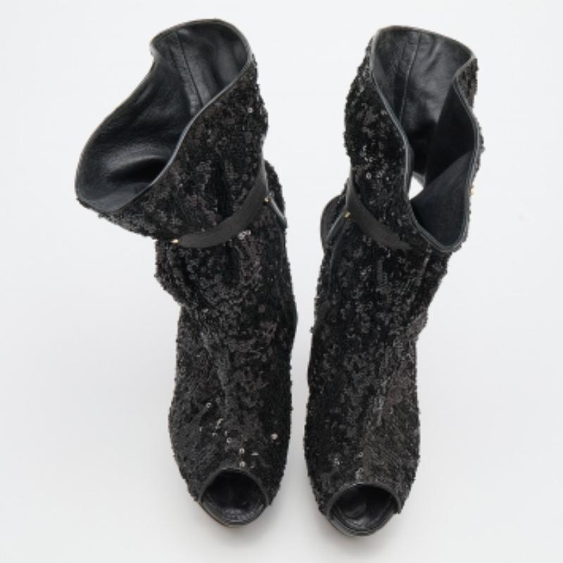 Louis Vuitton Black Sequins and Leather Mid Calf Platform Boots Size 39.5 en vente 1