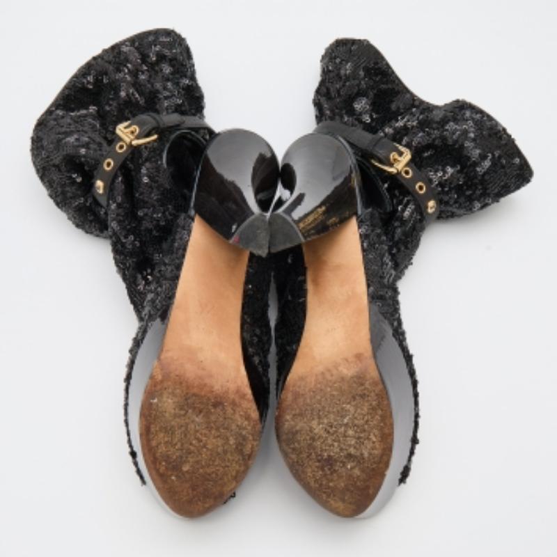Louis Vuitton Black Sequins and Leather Mid Calf Platform Boots Size 39.5 en vente 3