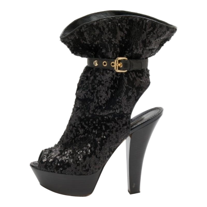 Louis Vuitton Schwarz Pailletten und Leder Mid Calf Platform Stiefel Größe 39.5