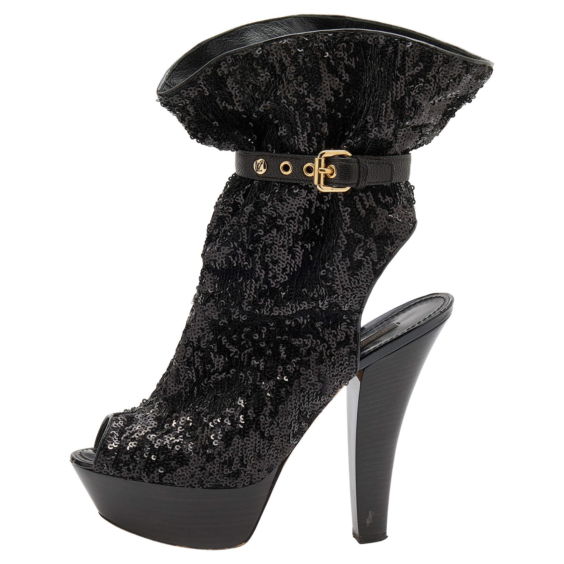 Louis Vuitton Black Sequins and Leather Mid Calf Platform Boots Size 39.5 For Sale