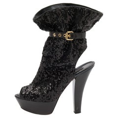 Louis Vuitton Black Sequins and Leather Mid Calf Platform Boots Size 39.5