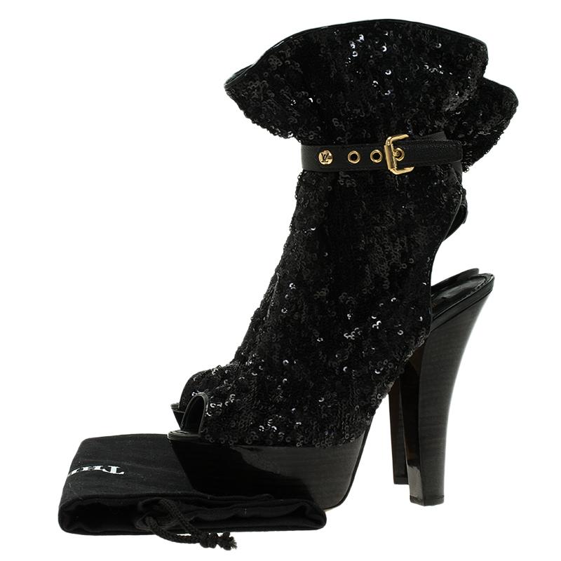 Louis Vuitton Black Sequins and Leather Peep Toe Platform Ankle Boots Size 37 10