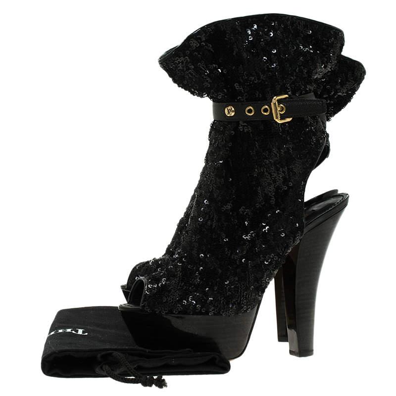 Louis Vuitton Black Sequins and Leather Peep Toe Platform Ankle Boots Size 37 For Sale 10