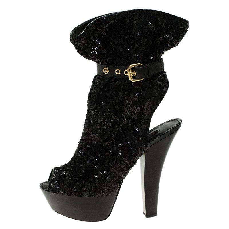 Women's Louis Vuitton Black Sequins and Leather Peep Toe Platform Ankle Boots Size 37