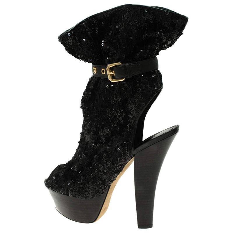 Women's Louis Vuitton Black Sequins and Leather Peep Toe Platform Ankle Boots Size 37 For Sale