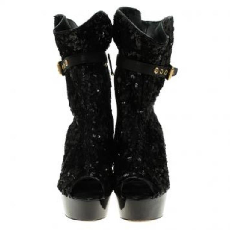 Louis Vuitton - Bottines à bout ouvert en cuir et sequins noirs, taille 37 Pour femmes en vente
