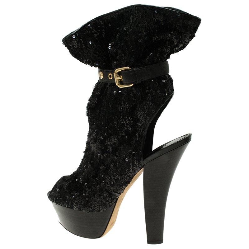 Louis Vuitton Black Sequins and Leather Peep Toe Platform Ankle Boots Size 37 1