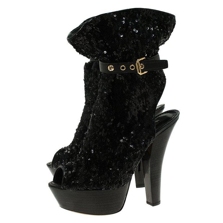 Louis Vuitton Black Sequins and Leather Peep Toe Platform Ankle Boots Size 37 For Sale at 1stdibs