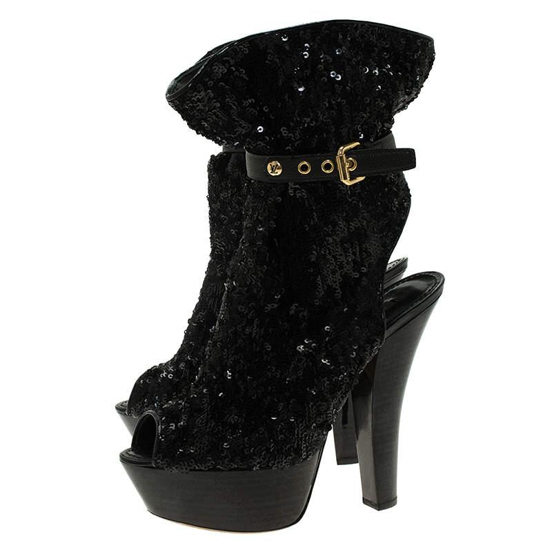Louis Vuitton Black Sequins and Leather Peep Toe Platform Ankle Boots Size 37 For Sale 1