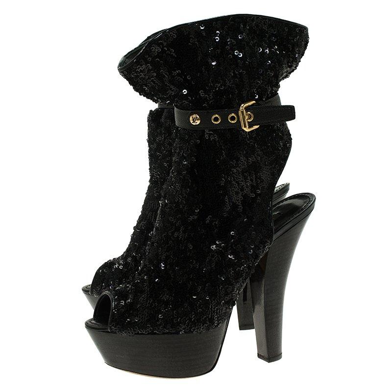 Louis Vuitton Black Sequins and Leather Peep Toe Platform Ankle Boots Size 37 2
